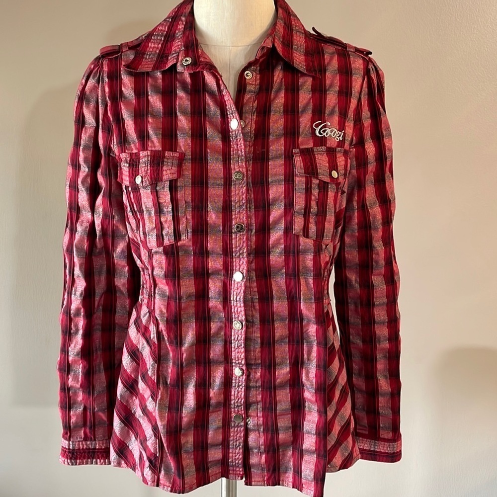 Coogi women’s SNAP up front cotton blend shirt red striped metallic size XL